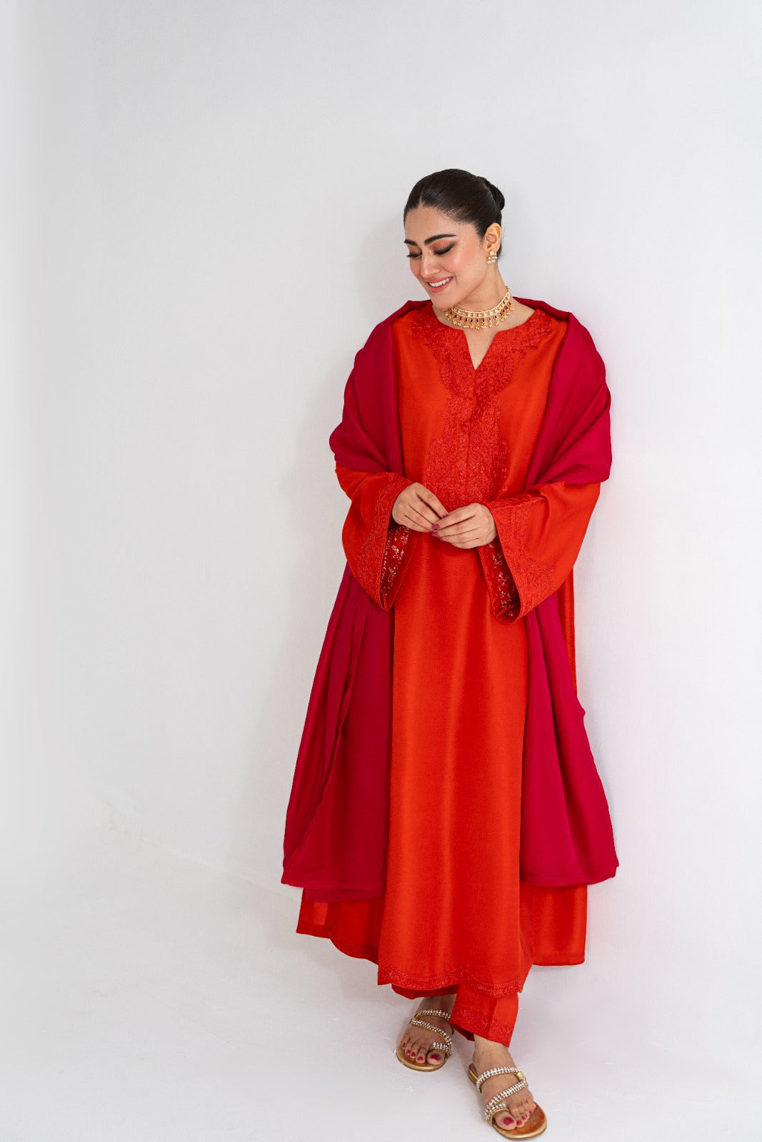 Burnt Orange Ari Embroidered Raw Silk Salwar Kameez (3-Piece) - Image 6