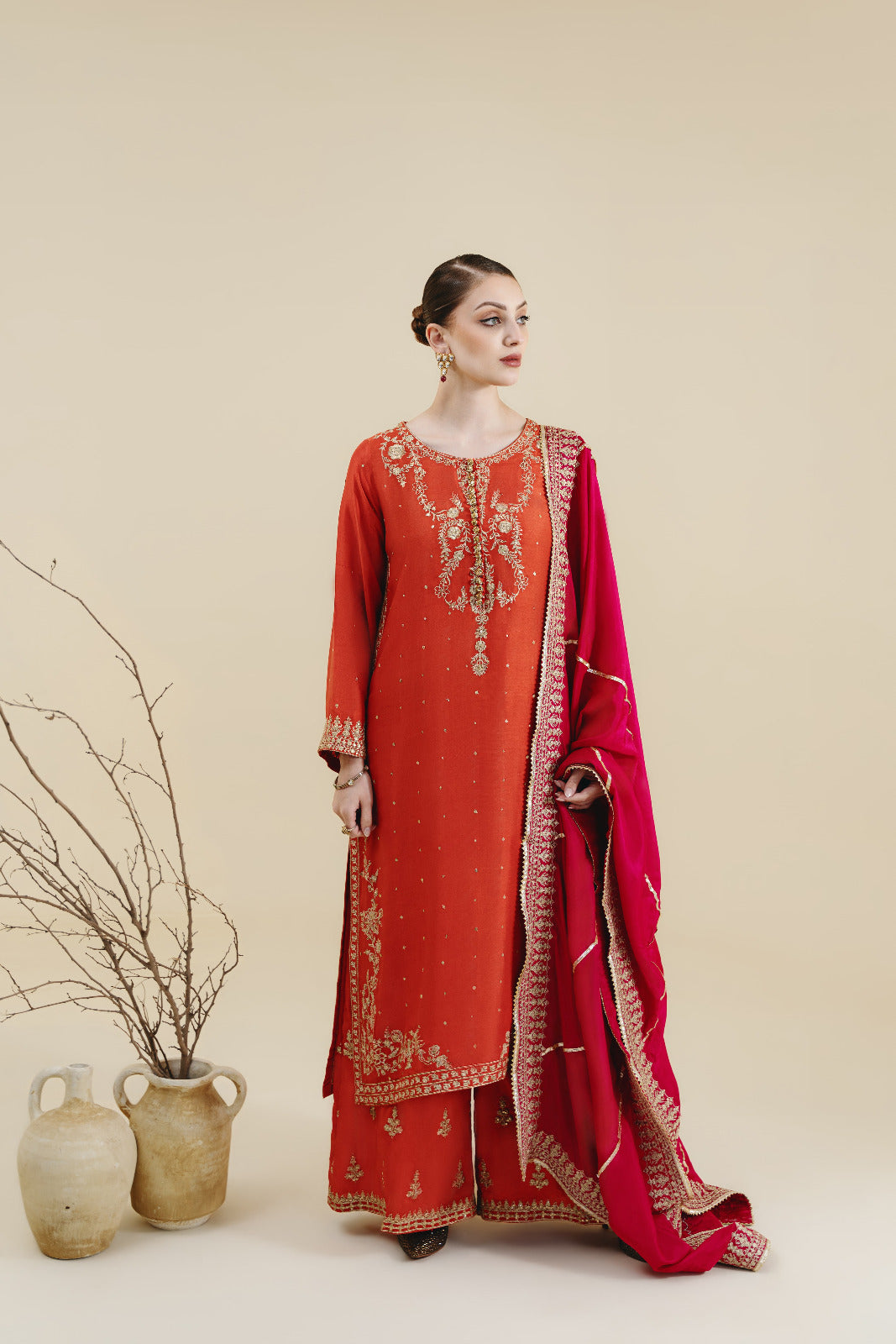 Burnt Orange Gold Zari Raw Silk Salwar Kameez (3-Piece) - Image 1