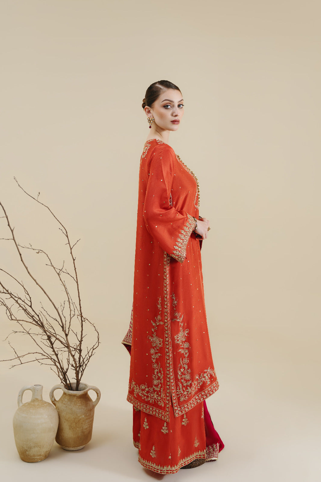 Burnt Orange Gold Zari Raw Silk Salwar Kameez (3-Piece) - Image 2