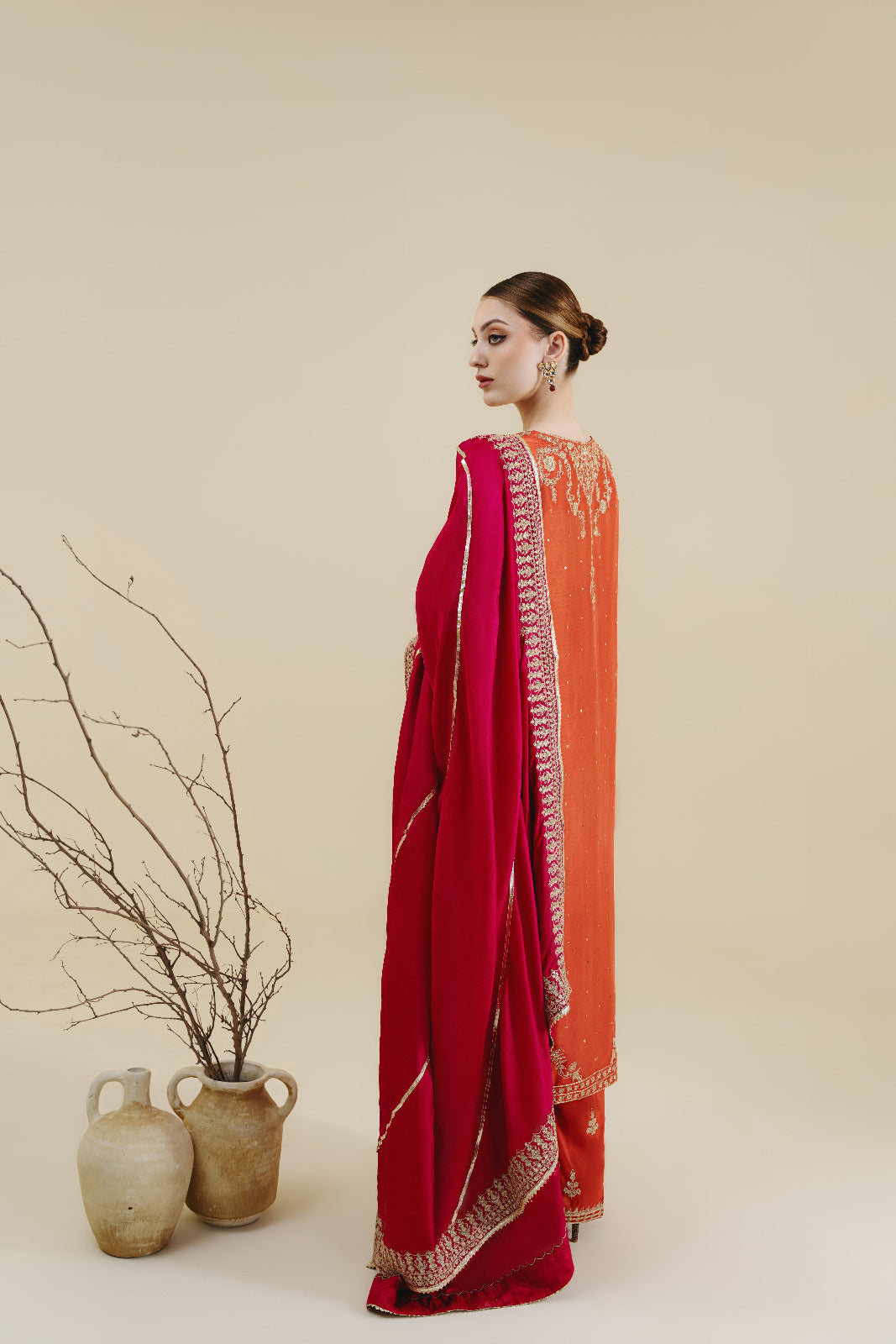 Burnt Orange Gold Zari Raw Silk Salwar Kameez (3-Piece) - Image 3