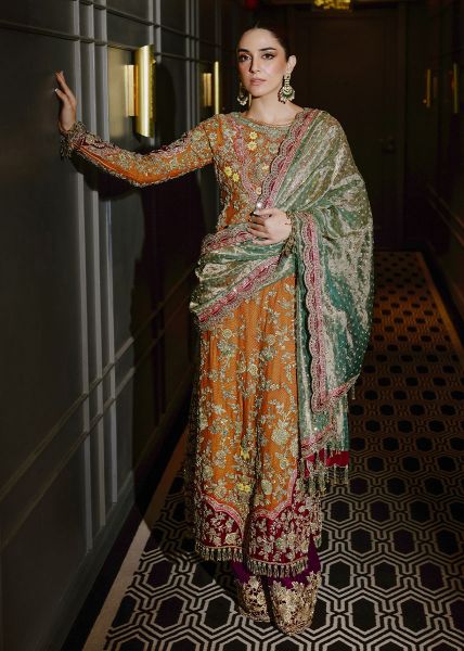 Pakistani Burnt Orange Zardozi Tilla Silk Salwar Kameez (3-Piece) - Image 1