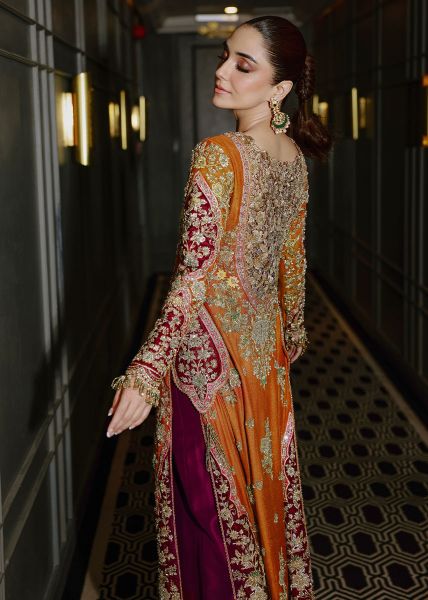 Pakistani Burnt Orange Zardozi Tilla Silk Salwar Kameez (3-Piece) - Image 10