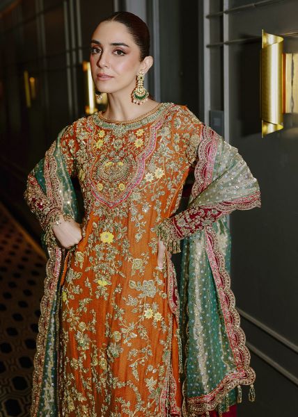 Pakistani Burnt Orange Zardozi Tilla Silk Salwar Kameez (3-Piece) - Image 2