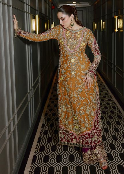 Pakistani Burnt Orange Zardozi Tilla Silk Salwar Kameez (3-Piece) - Image 5