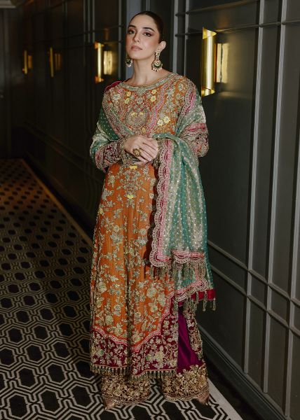 Pakistani Burnt Orange Zardozi Tilla Silk Salwar Kameez (3-Piece) - Image 6