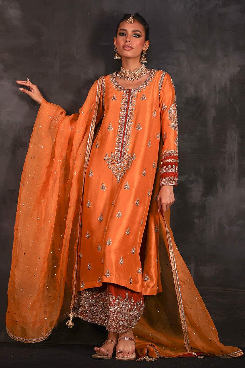 Light Orange Zardozi Pure Silk Salwar Kameez (3-Piece) - Image 1