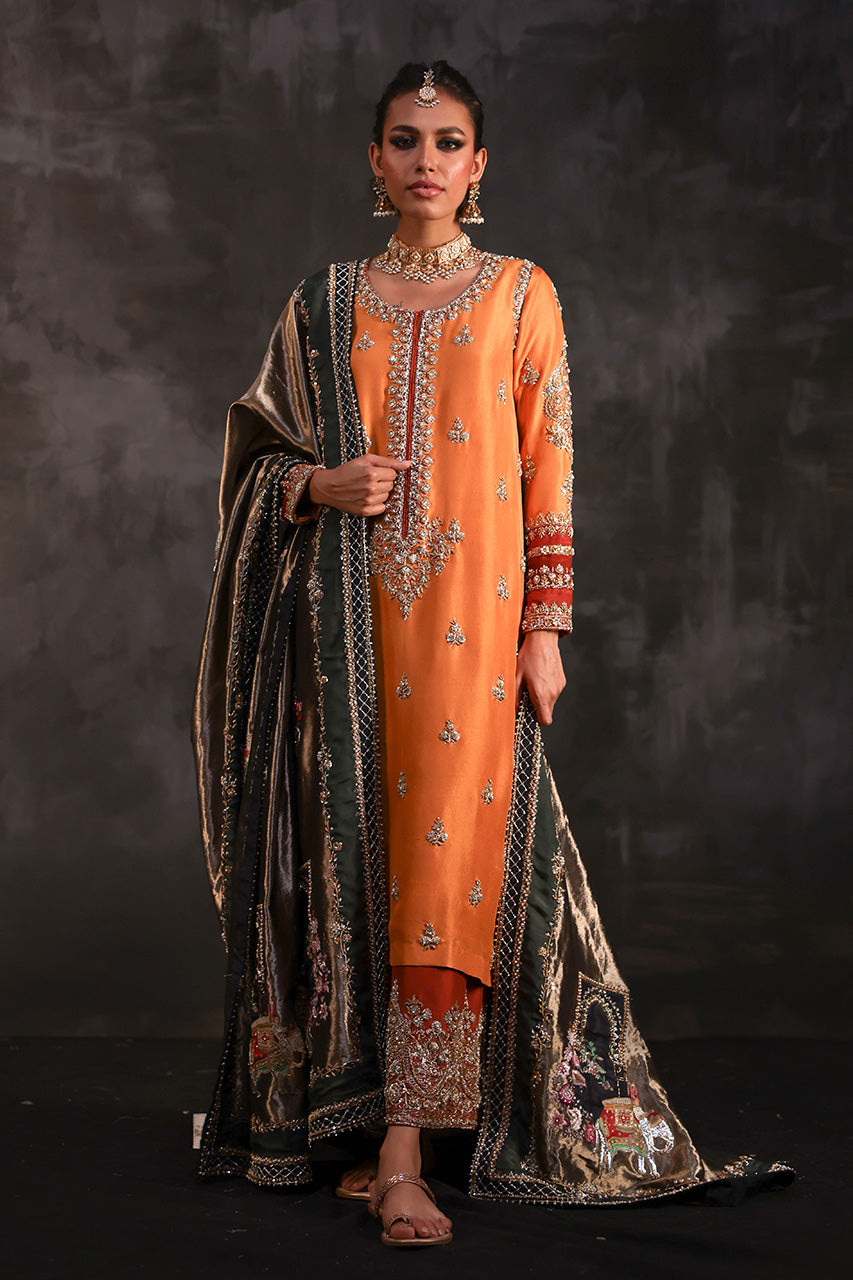 Light Orange Zardozi Pure Silk Salwar Kameez (3-Piece) - Image 3