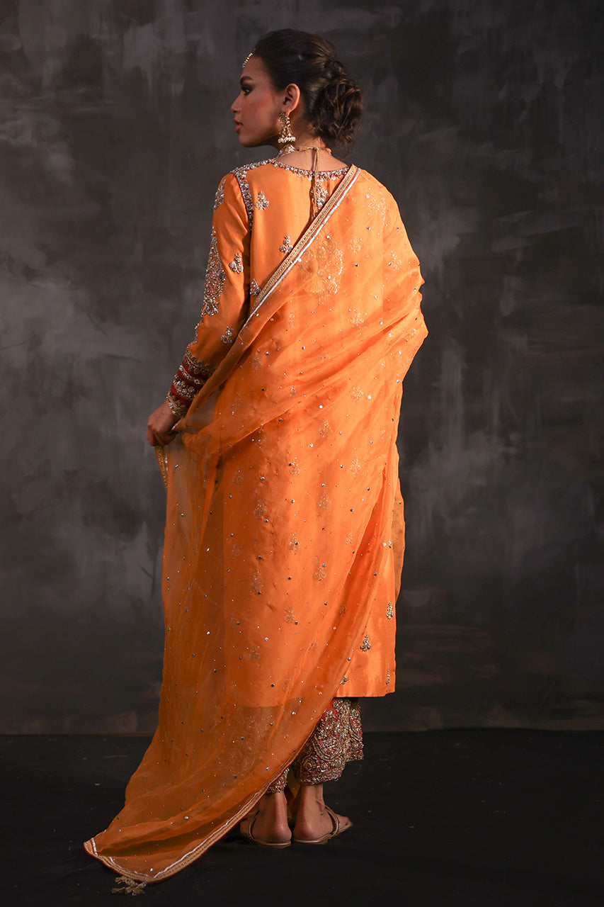 Light Orange Zardozi Pure Silk Salwar Kameez (3-Piece) - Image 6