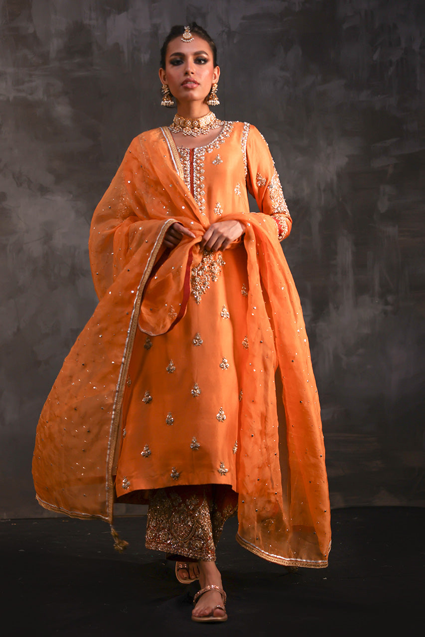 Light Orange Zardozi Pure Silk Salwar Kameez (3-Piece) - Image 7