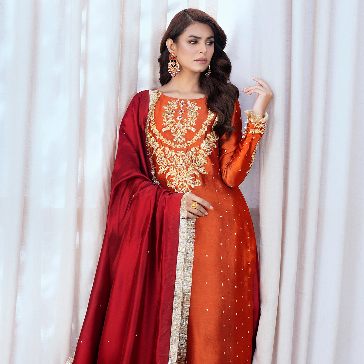 Pakistani Burnt Orange Zardozi Pure Tissue Silk Salwar Kameez (3-Piece) - Image 2
