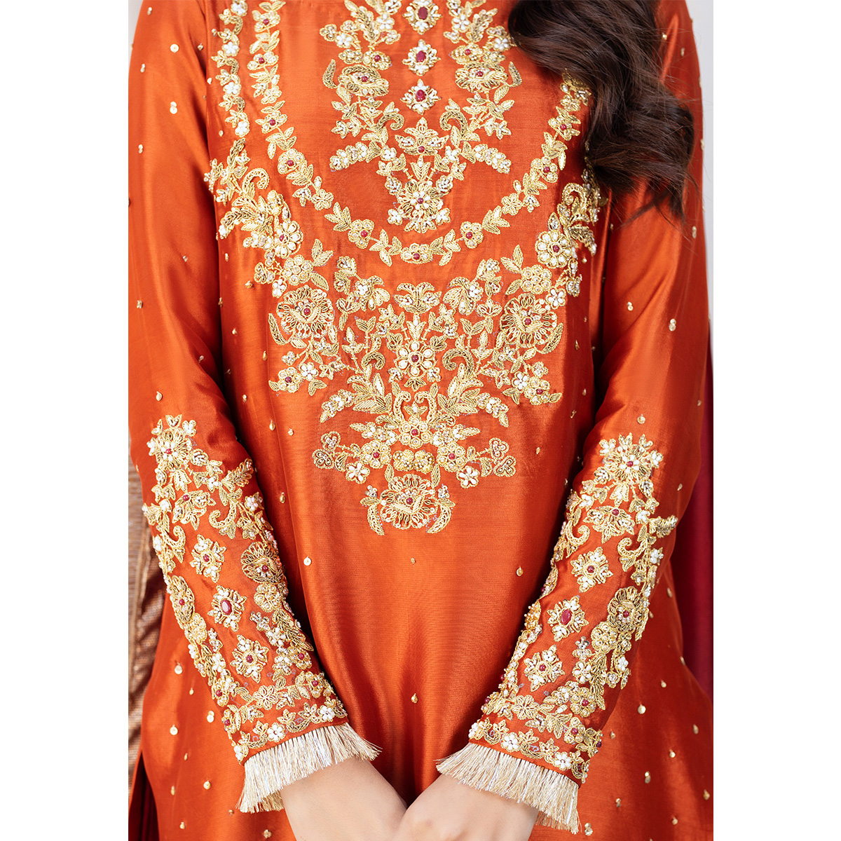 Pakistani Burnt Orange Zardozi Pure Tissue Silk Salwar Kameez (3-Piece) - Image 3