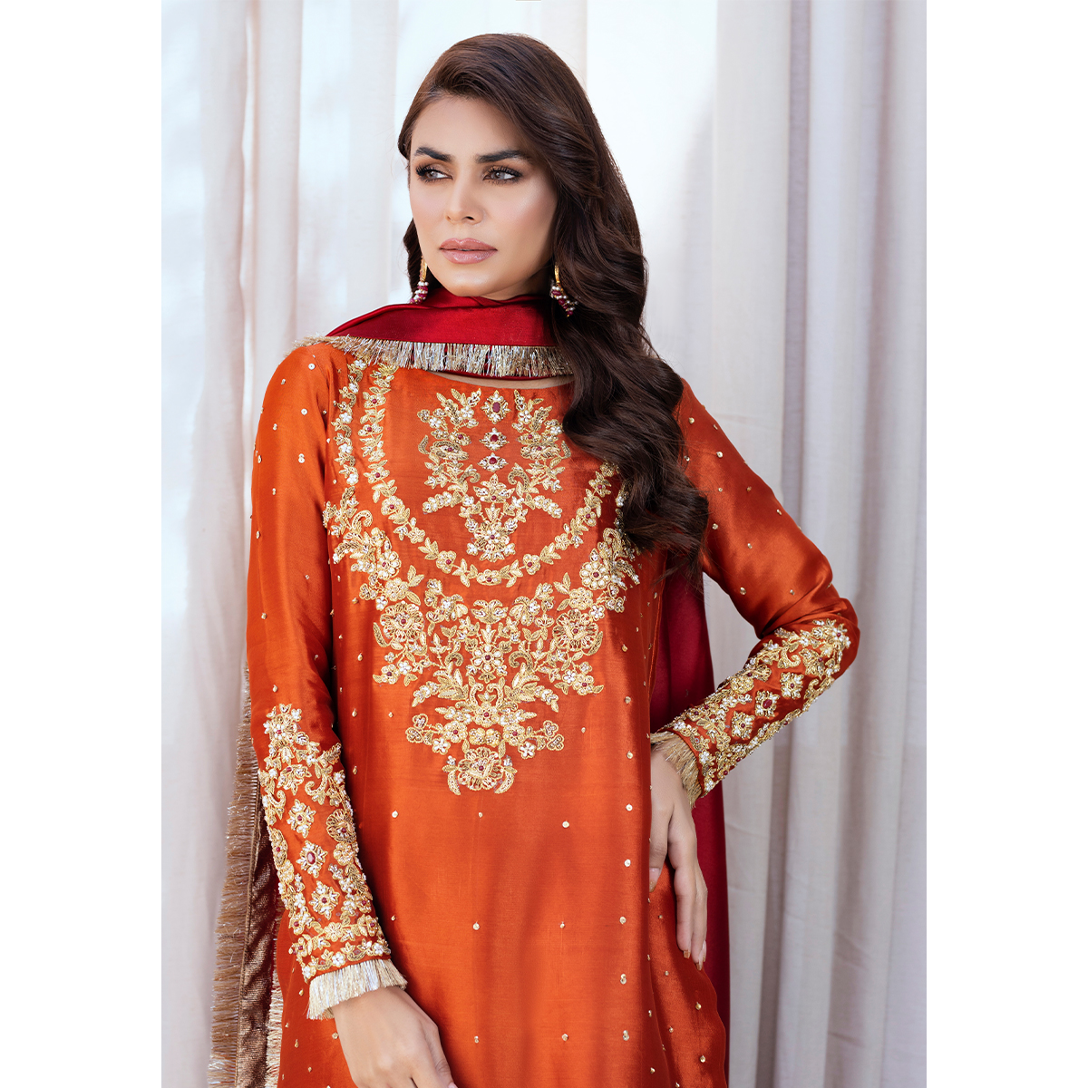 Pakistani Burnt Orange Zardozi Pure Tissue Silk Salwar Kameez (3-Piece) - Image 4