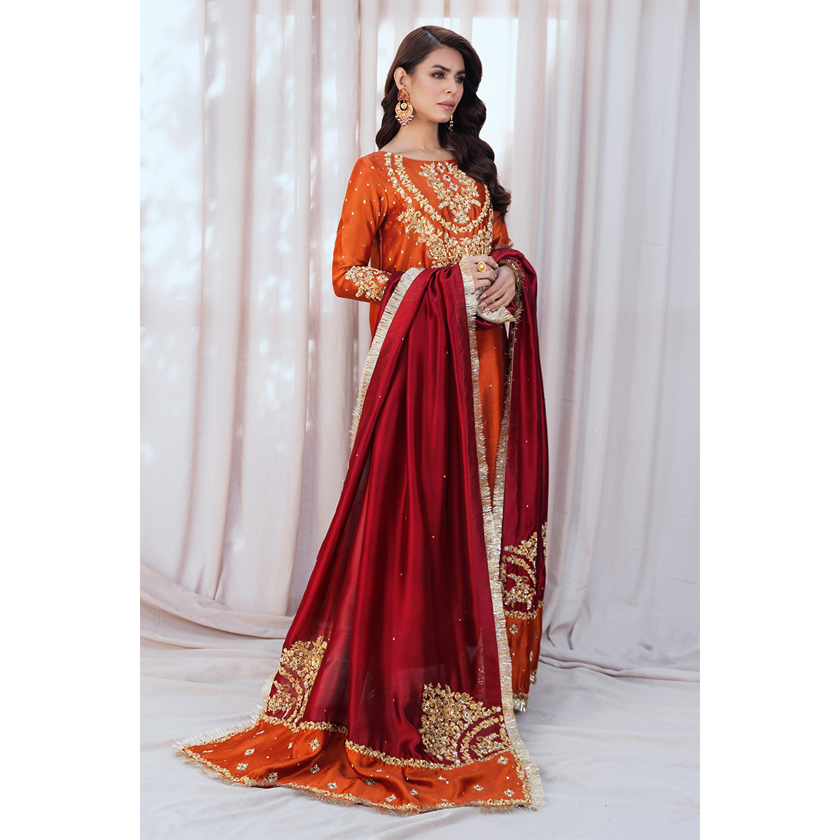Pakistani Burnt Orange Zardozi Pure Tissue Silk Salwar Kameez (3-Piece) - Image 5