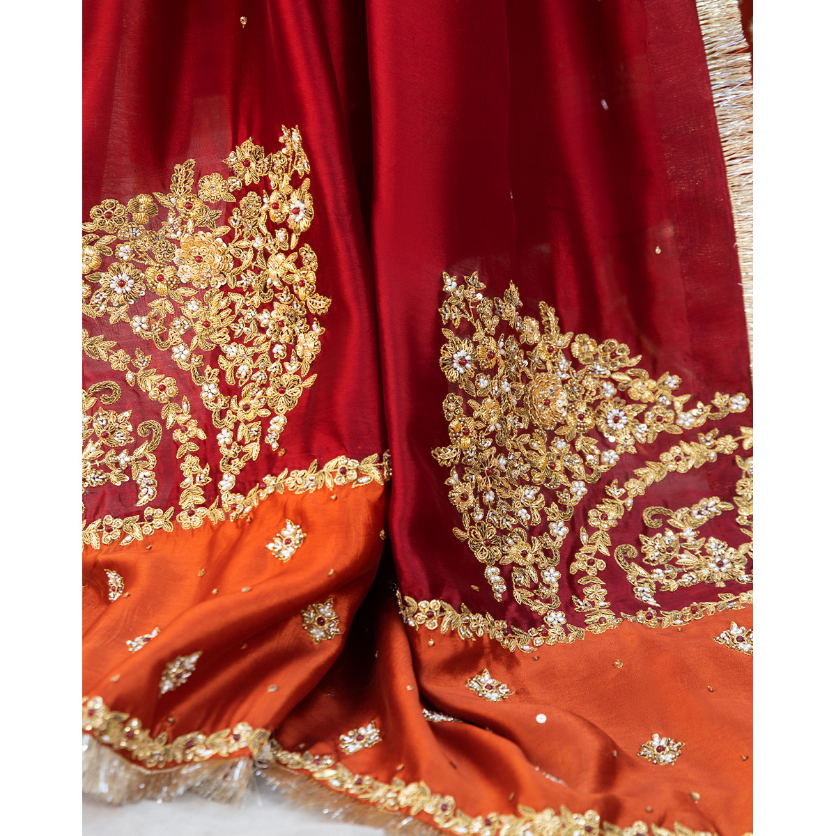 Pakistani Burnt Orange Zardozi Pure Tissue Silk Salwar Kameez (3-Piece) - Image 6