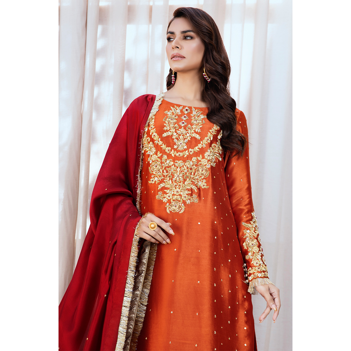 Pakistani Burnt Orange Zardozi Pure Tissue Silk Salwar Kameez (3-Piece) - Image 7