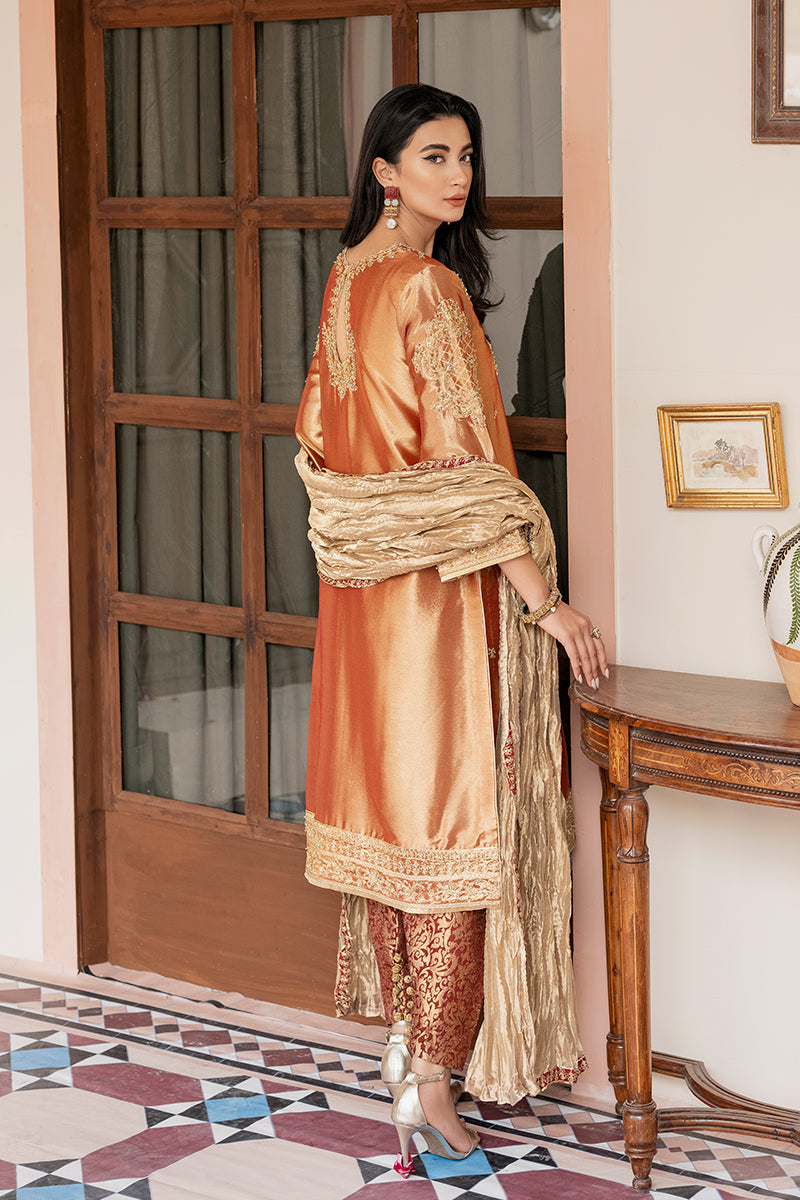 Pakistani Rusty Orange Zari Silk Salwar Kameez (3-Piece) - Image 6