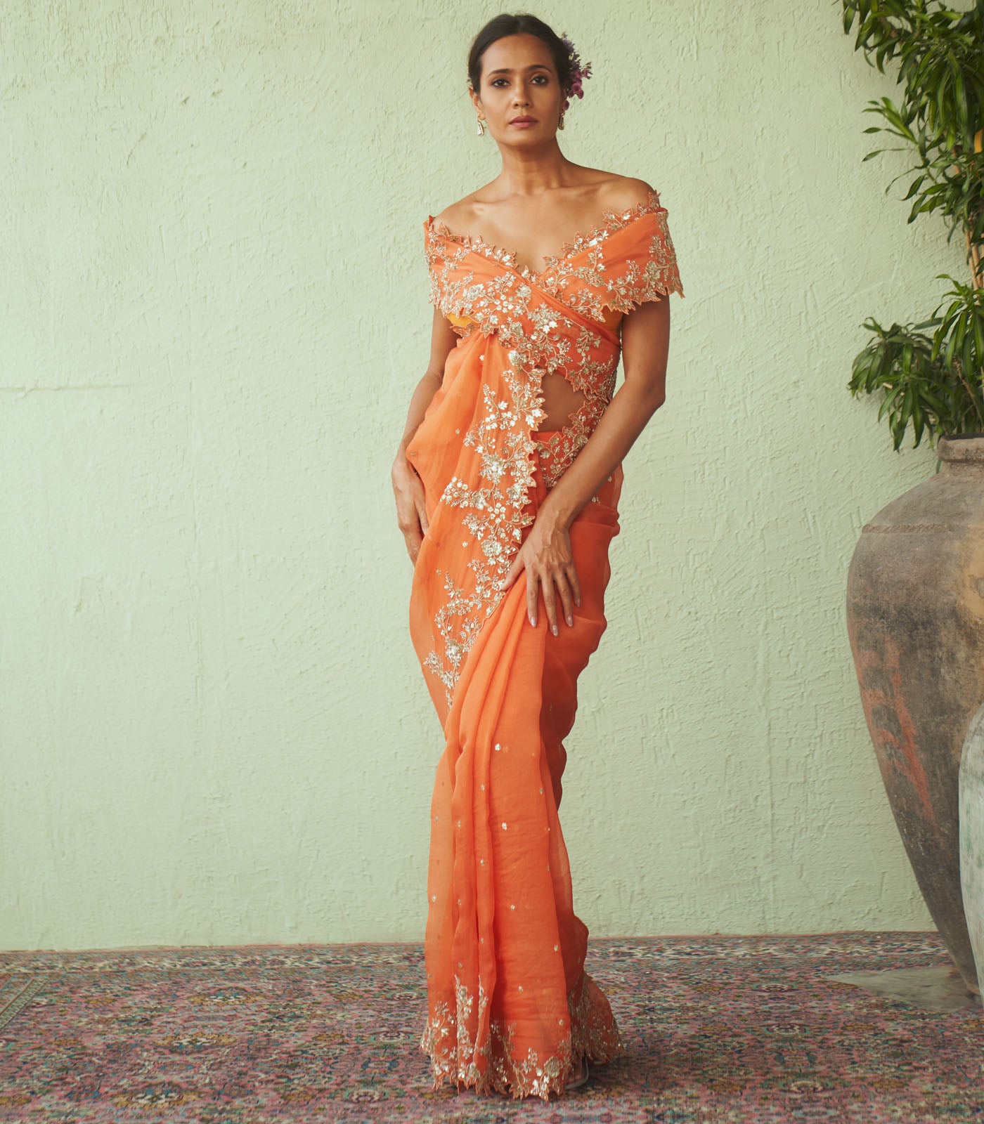 Orange Embroidered Organza & Rawsilk Saree (2-Piece) - Image 1