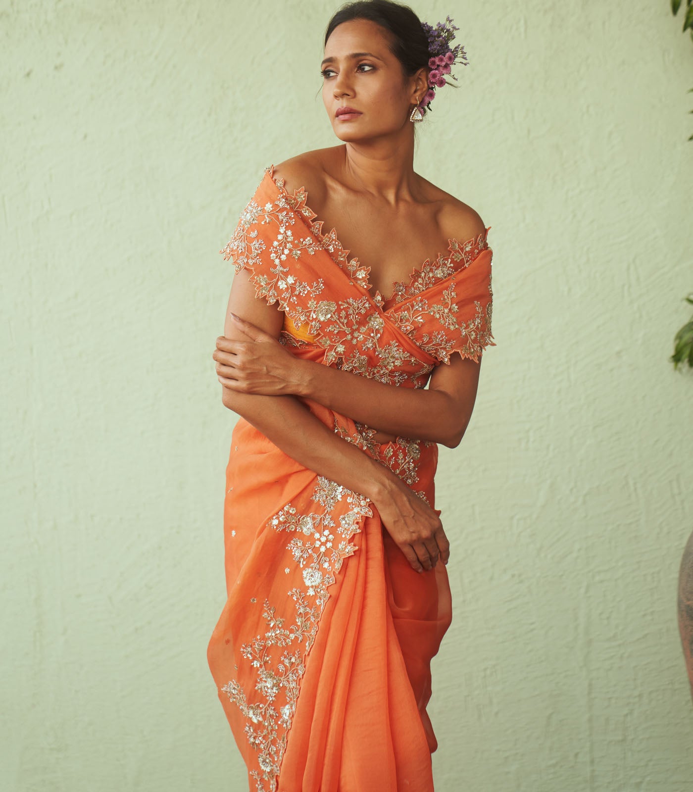 Orange Embroidered Organza & Rawsilk Saree (2-Piece) - Image 2
