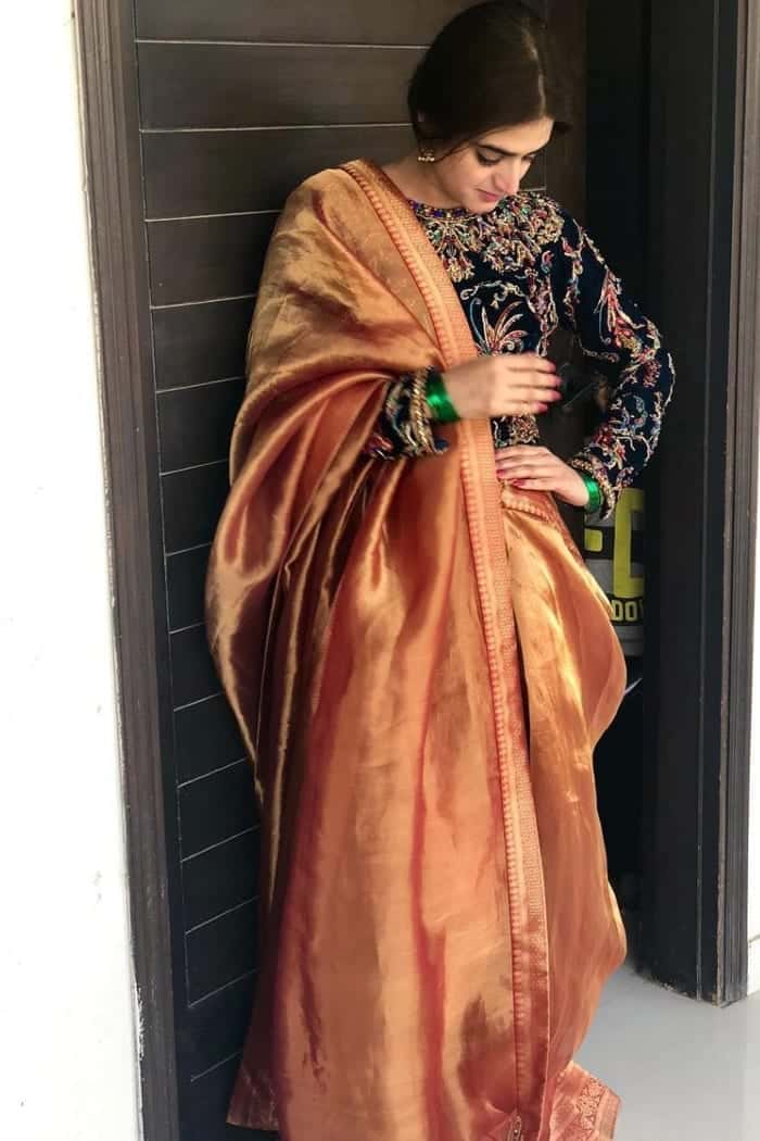 Pakistani Royal Blue Embroidered Velvet Blouse & Orange Tissue Saree (2-Piece) - Image 4