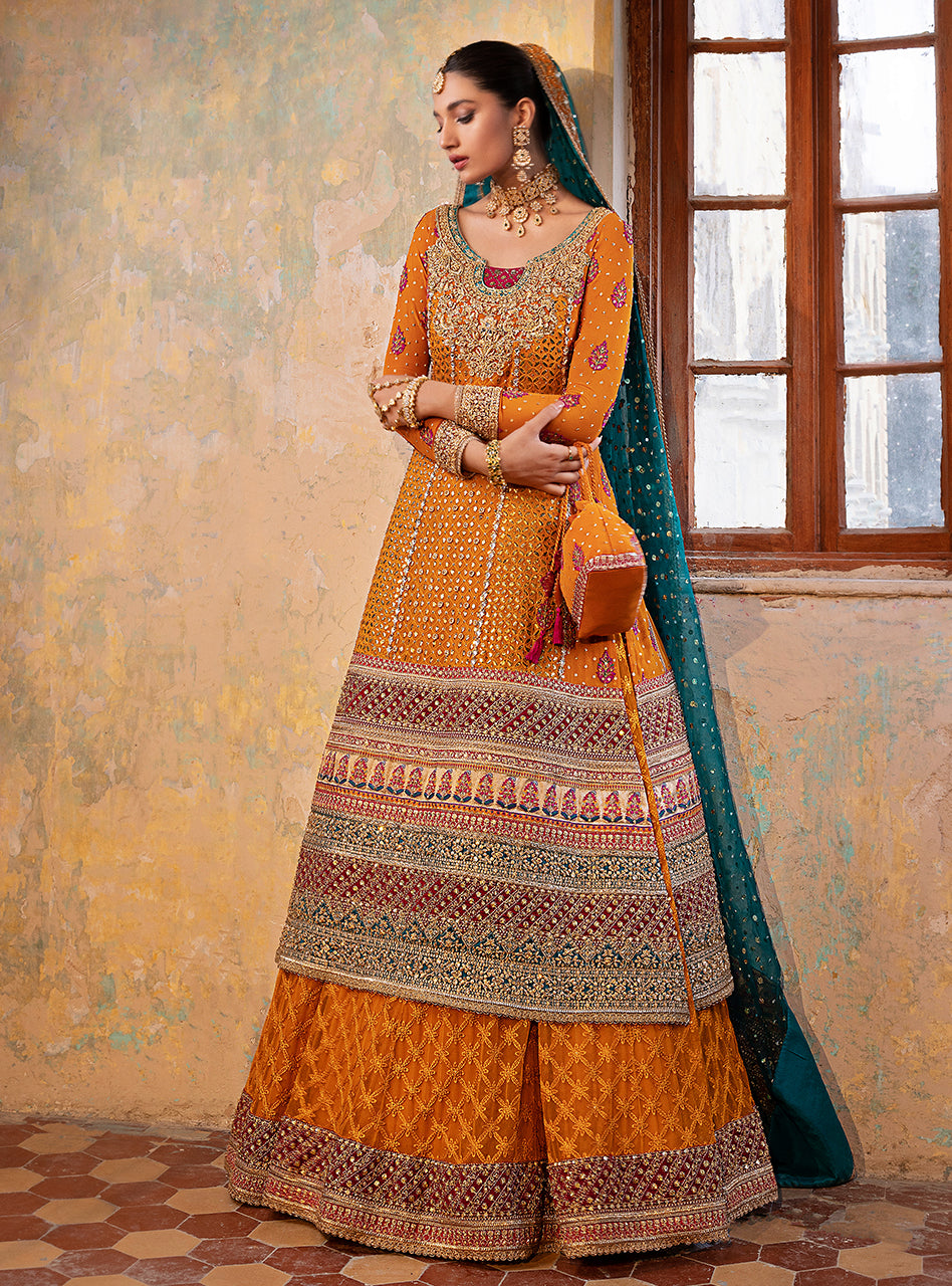 Burnt Orange Embroidered Chiffon Organza Sharara (3-Piece) - Image 4