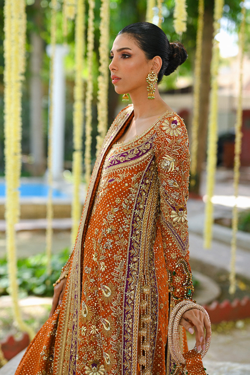 Burnt Orange Zardozi Cotton Net & Brocade Sharara (3-Piece) - Image 4