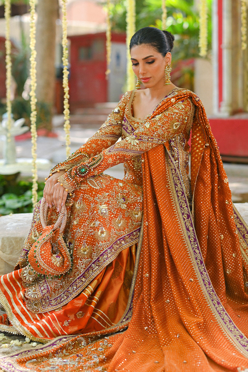 Burnt Orange Zardozi Cotton Net & Brocade Sharara (3-Piece) - Image 6
