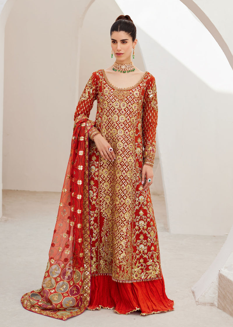 Pakistani Orange Gold Embroidered Cotton Net & Silk Sharara (3-Piece) - Image 1