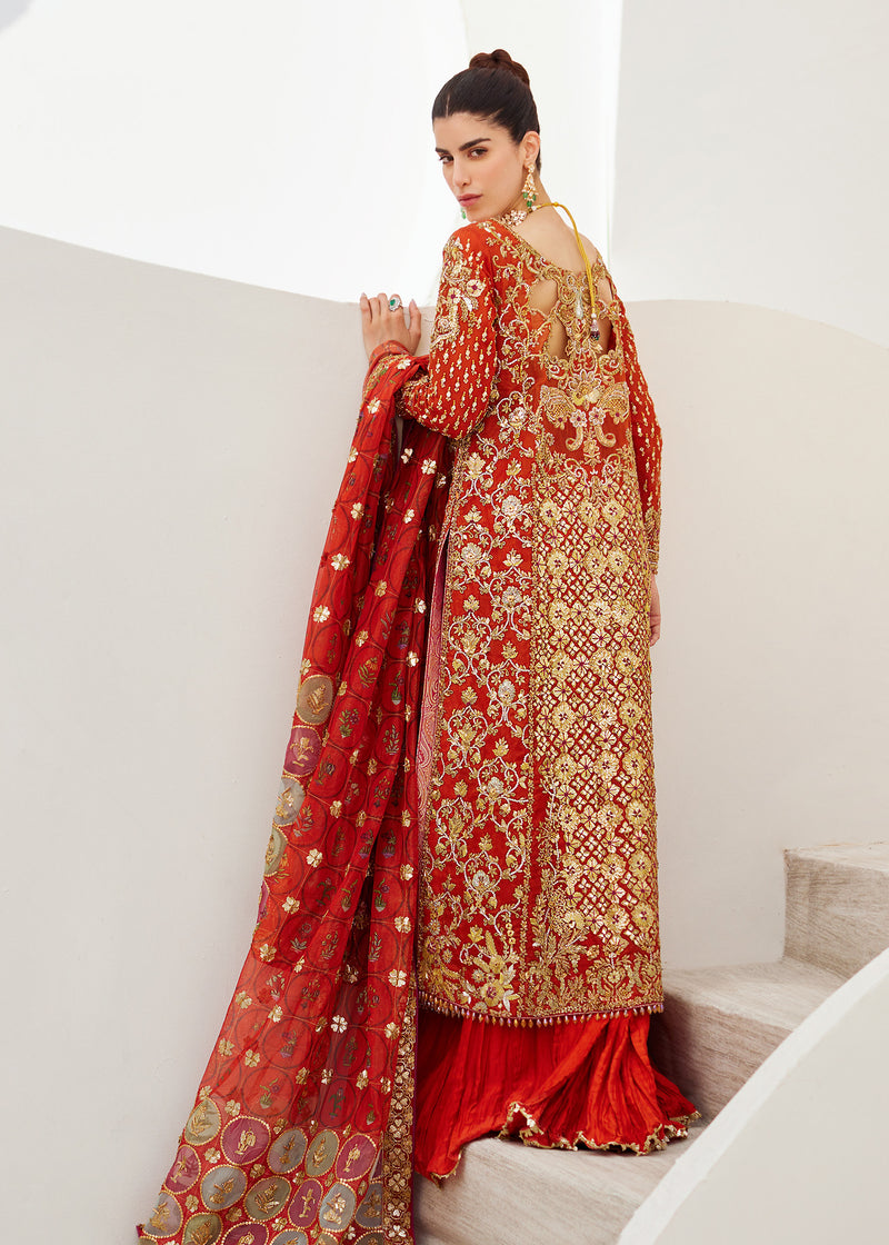 Pakistani Orange Gold Embroidered Cotton Net & Silk Sharara (3-Piece) - Image 3