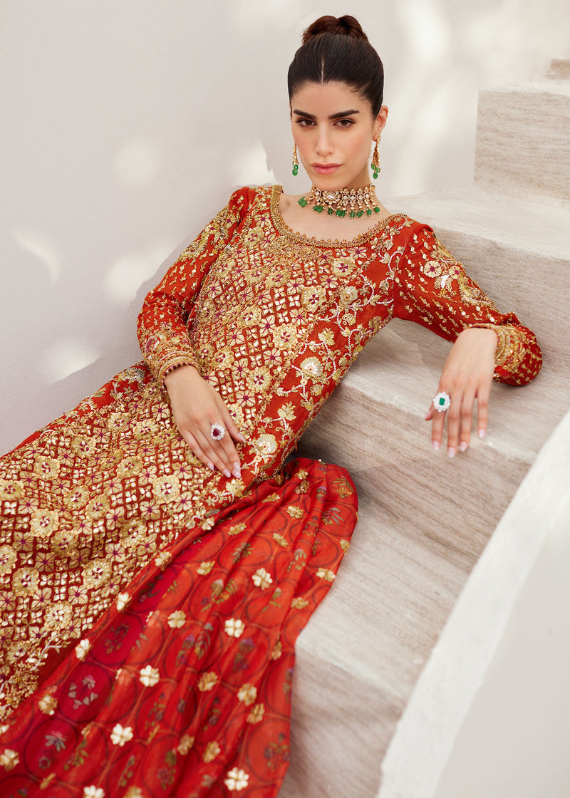 Pakistani Orange Gold Embroidered Cotton Net & Silk Sharara (3-Piece) - Image 4