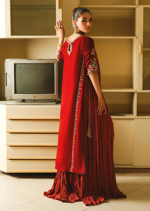 Rust Embroidered Velvet Sharara Set (3-Piece) - Image 10