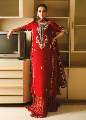 Rust Embroidered Velvet Sharara Set (3-Piece) - Image 12