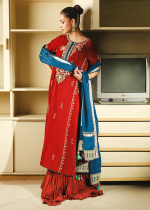 Rust Embroidered Velvet Sharara Set (3-Piece) - Image 13