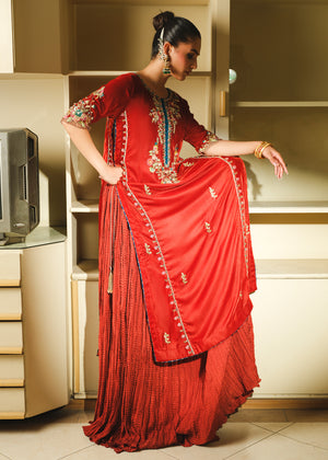 Rust Embroidered Velvet Sharara Set (3-Piece) - Image 14
