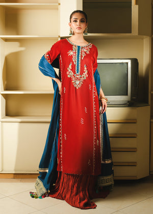 Rust Embroidered Velvet Sharara Set (3-Piece) - Image 2