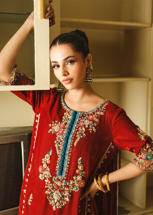 Rust Embroidered Velvet Sharara Set (3-Piece) - Image 4