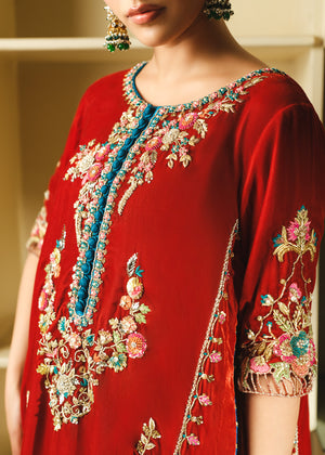 Rust Embroidered Velvet Sharara Set (3-Piece) - Image 5