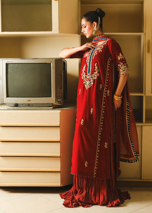 Rust Embroidered Velvet Sharara Set (3-Piece) - Image 7