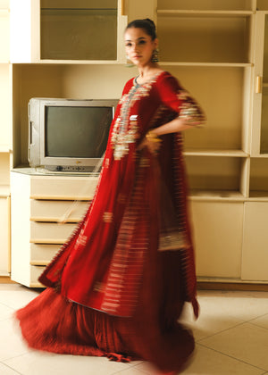 Rust Embroidered Velvet Sharara Set (3-Piece) - Image 8