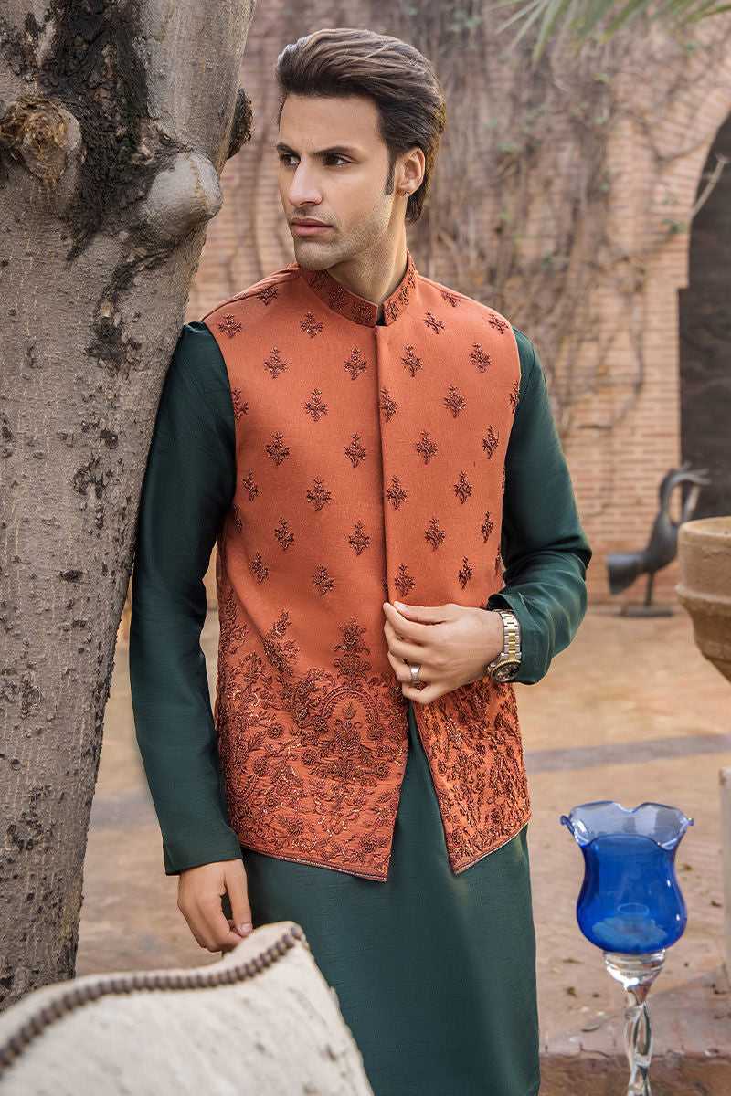 Burnt Orange Embroidered Karandi Waistcoat (3-Piece) - Image 1