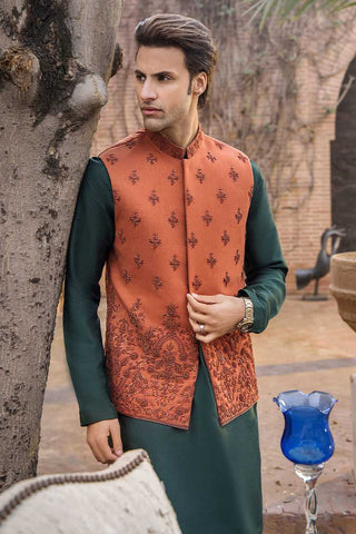 Burnt Orange Embroidered Karandi Waistcoat (3-Piece) - Image 2