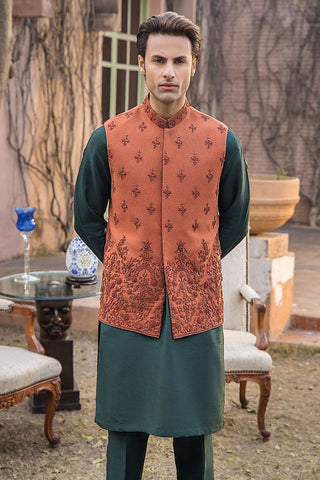 Burnt Orange Embroidered Karandi Waistcoat (3-Piece) - Image 4