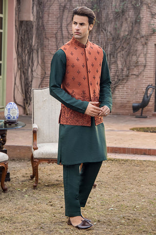 Burnt Orange Embroidered Karandi Waistcoat (3-Piece) - Image 5