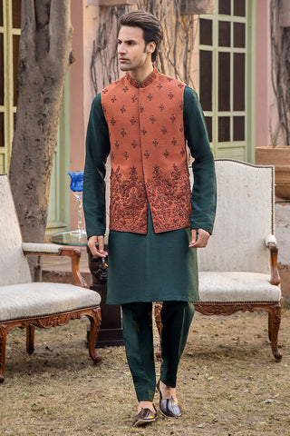 Burnt Orange Embroidered Karandi Waistcoat (3-Piece) - Image 6