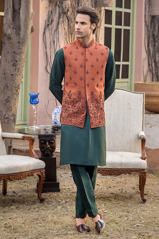 Burnt Orange Embroidered Karandi Waistcoat (3-Piece) - Image 8
