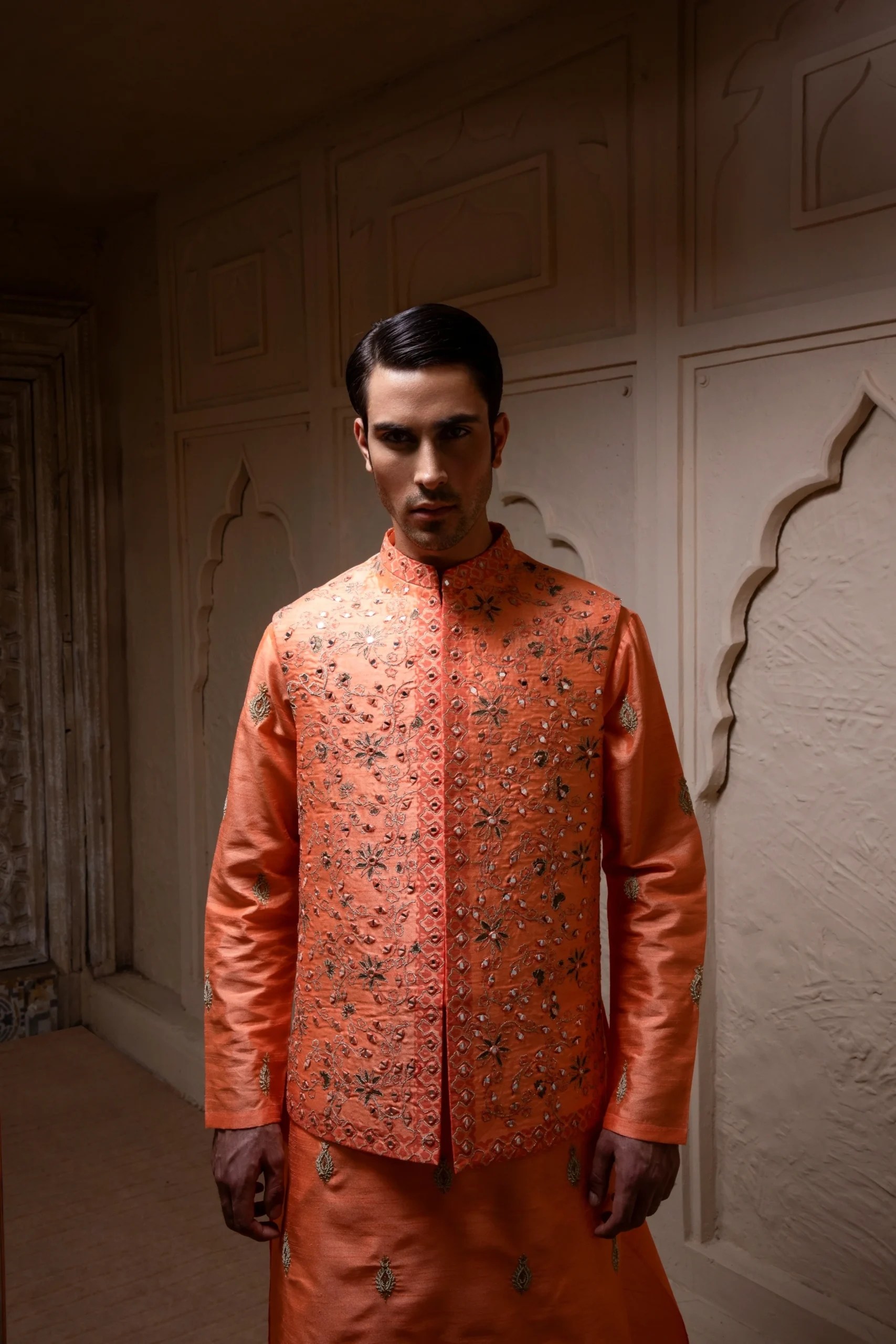 Orange Mirror Work Silk-Blend Waistcoat (3-Piece) - Image 1