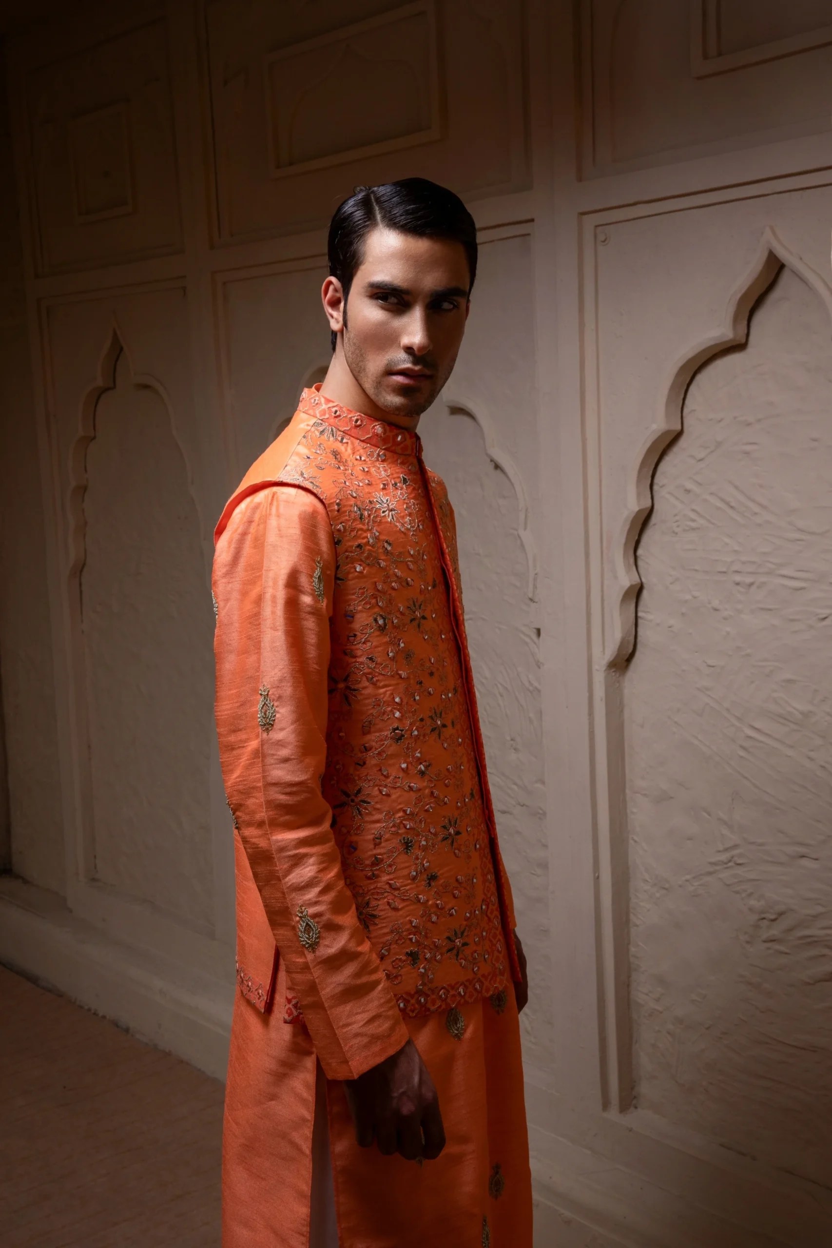 Orange Mirror Work Silk-Blend Waistcoat (3-Piece) - Image 2