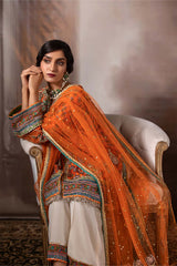 Pakistani Orange Mukesh Net Dupatta with Gota Border (1-Pc) - Image 2