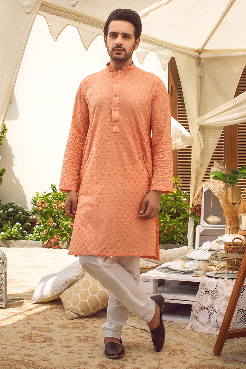 Pale Orange Embroidered Cotton Blend Kurta (2-Piece) - Image 1