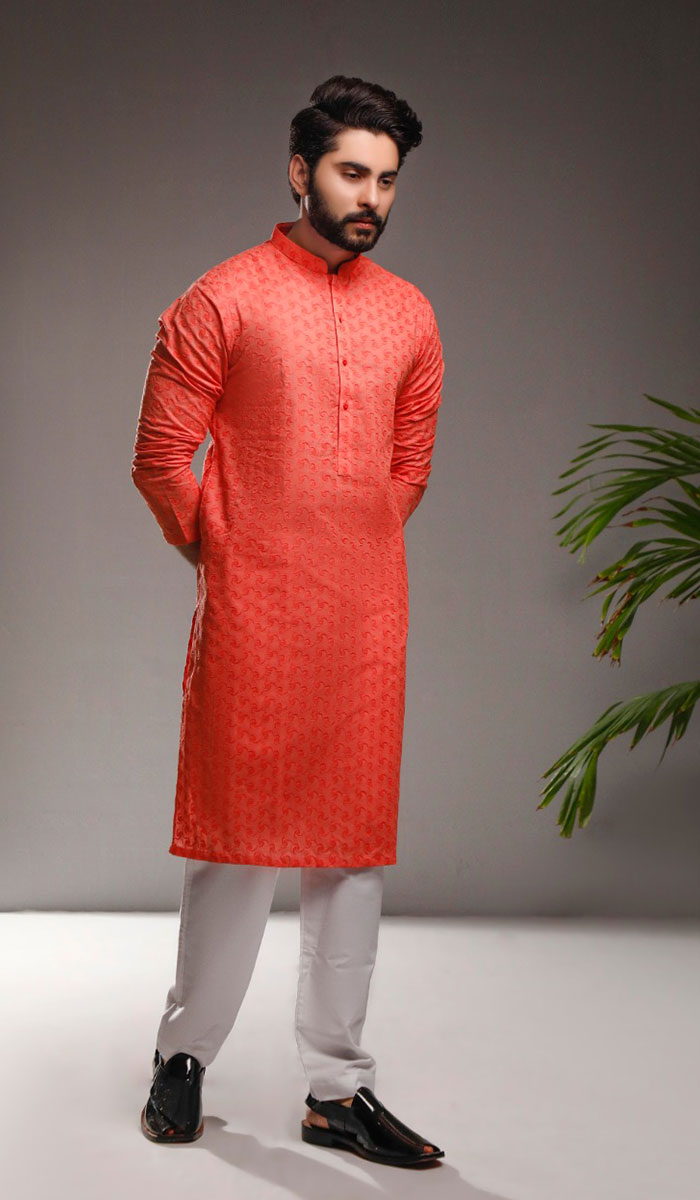 Halloween Orange Chikankari Cotton Kurta (1-Pc) - Image 1
