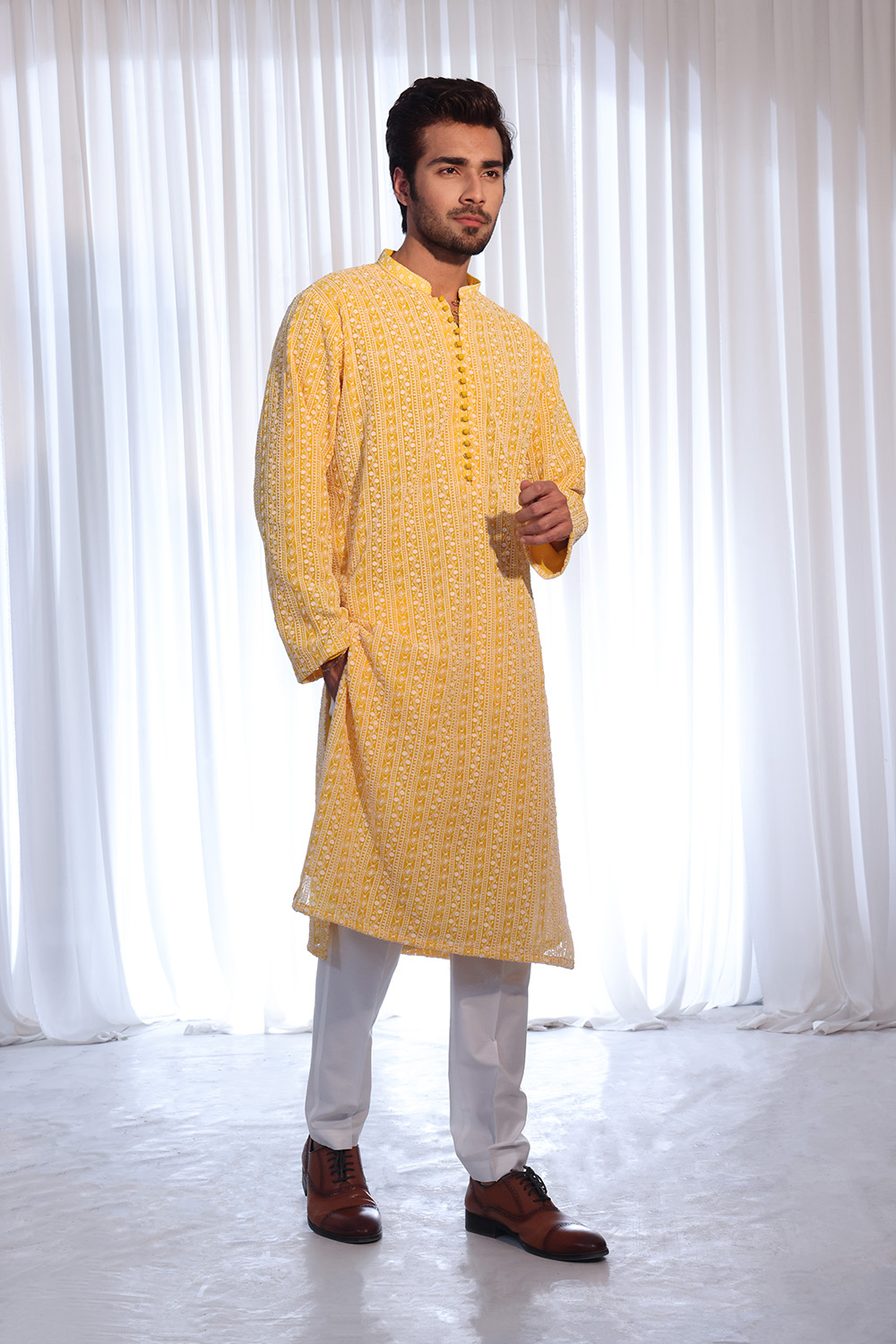 Orange-Yellow Geometric Embroidered Cotton Kurta (2-Piece) - Image 1